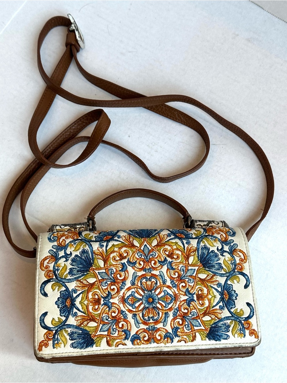 Brighton Embroidered Blue/Cream Floral Crossbody Wallet Bag Brown Leather Trim